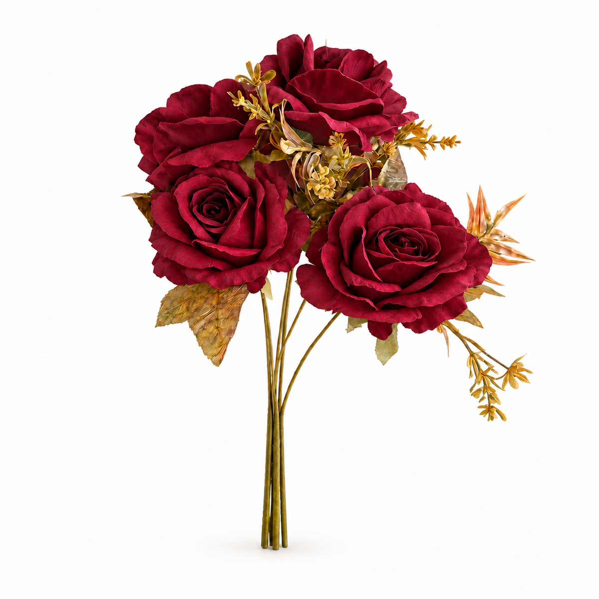 Small Full Bloom Rose Posy in burgundy red with olive-gold leaves and accent foliage, shown as one bouquet on a white background.