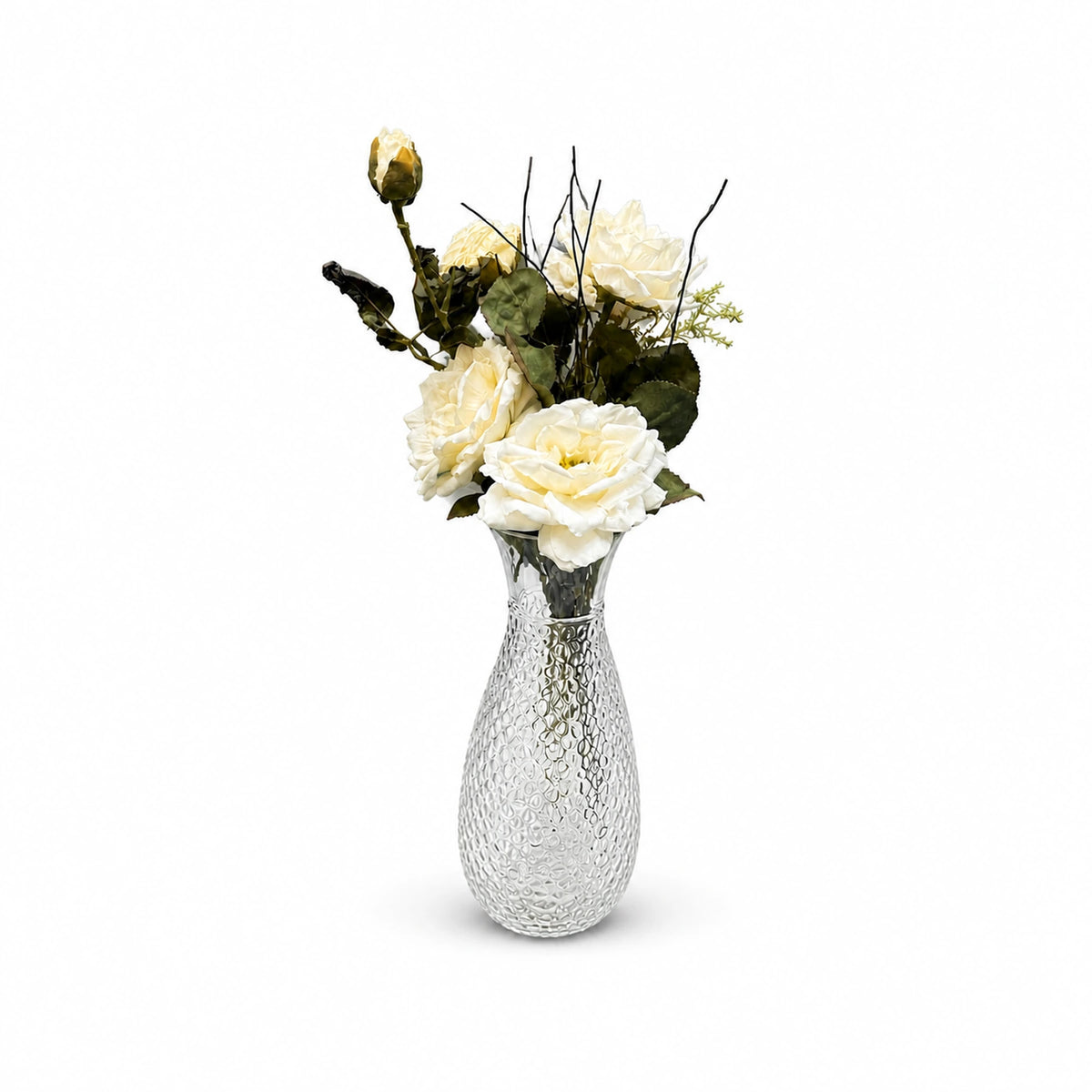 White Rose Vintage Glass Vase Arrangement — studio view