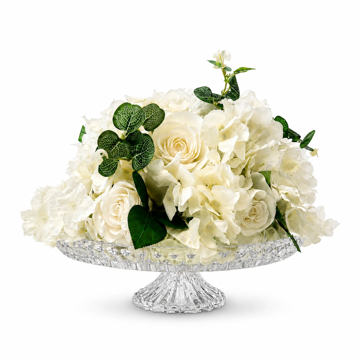 White Hydrangea & Rose Crystal Bowl Arrangement