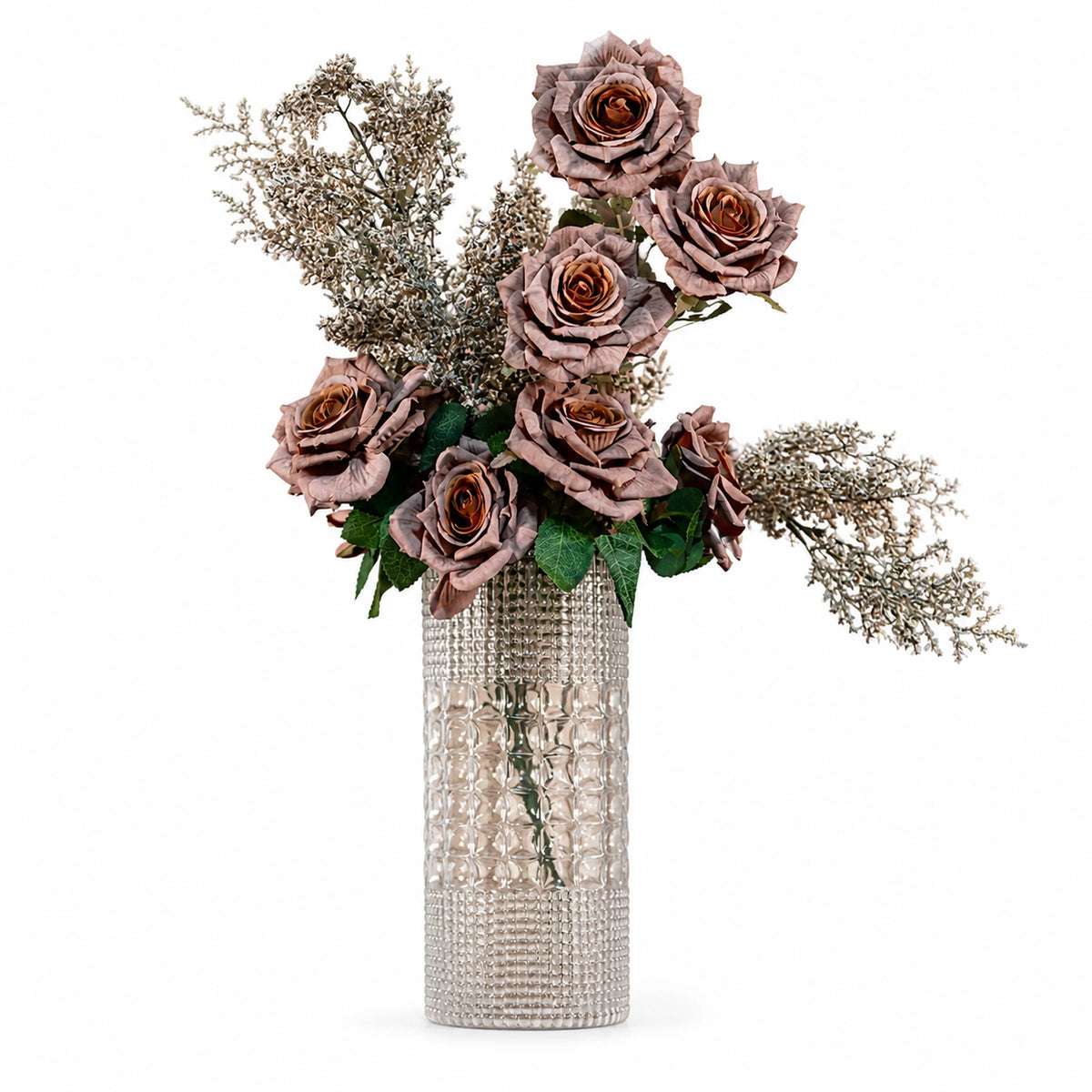 White Rose Amber Glass Vase Arrangement — Transparent studio view