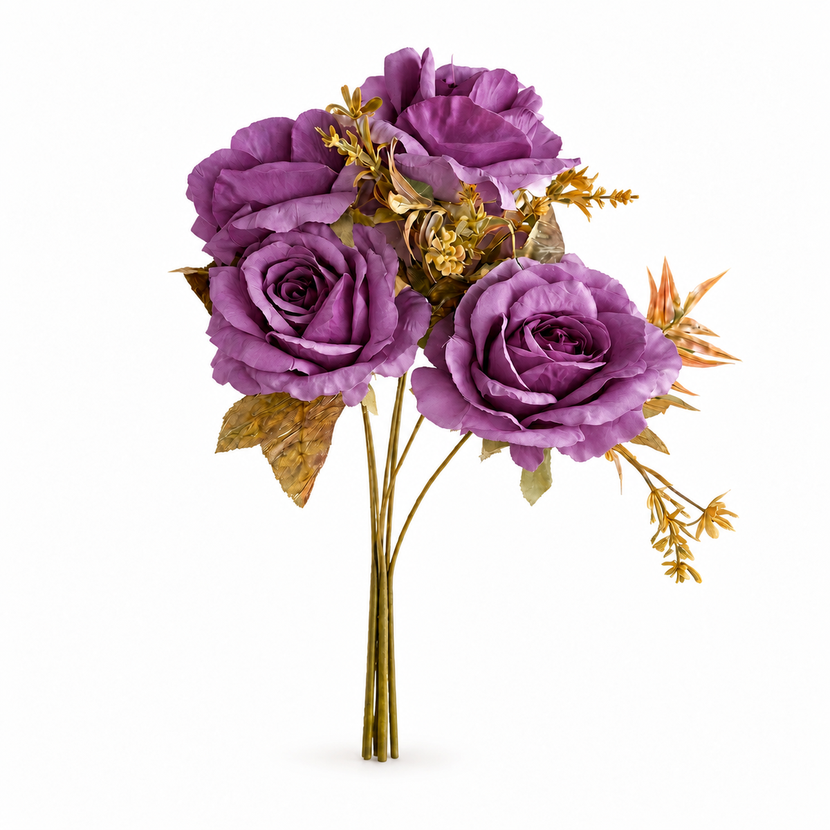 Small Full Bloom Rose Posy in violet with olive-gold leaves and accent foliage, shown as one bouquet on a white background.