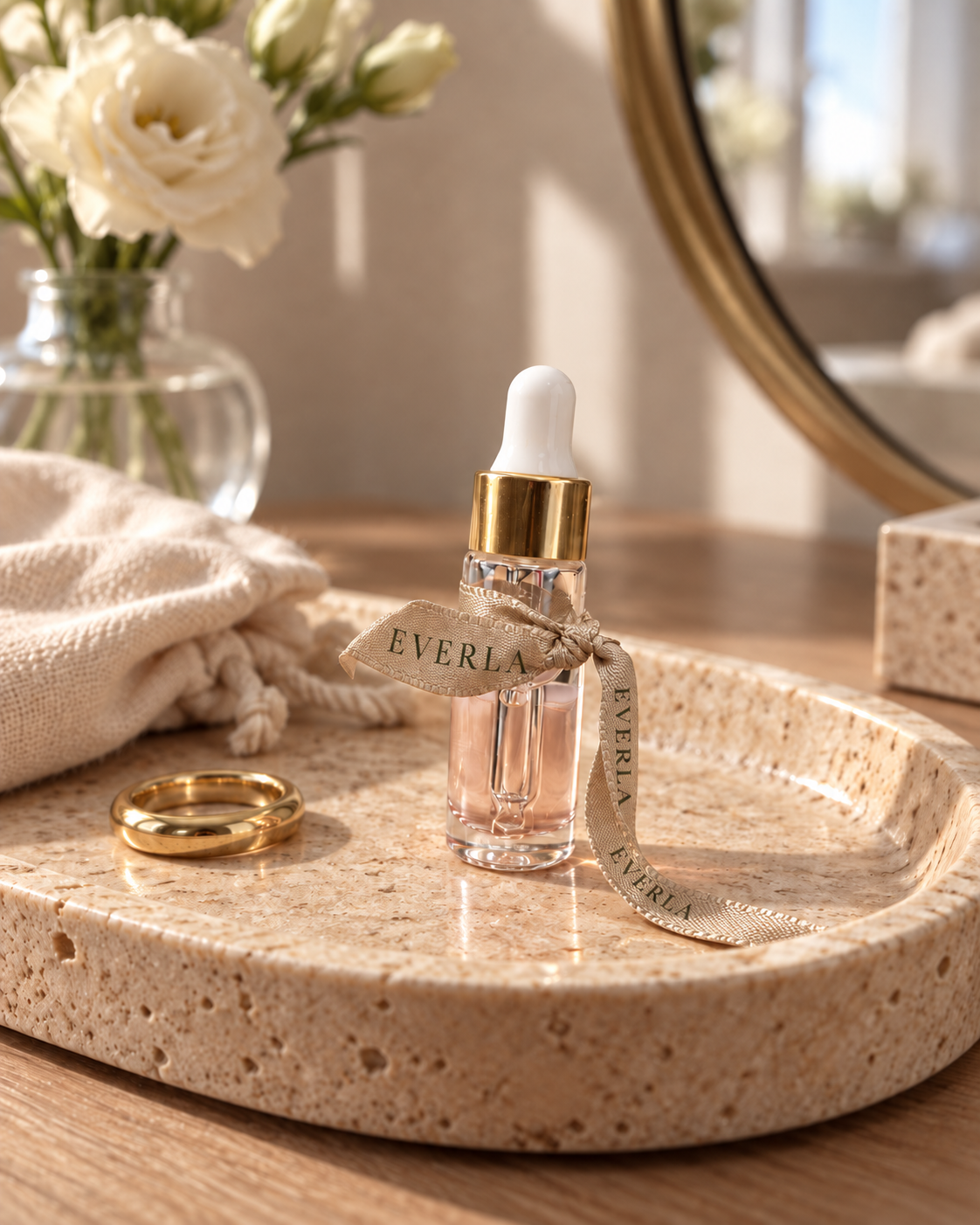 EVERLA Petit Souvenir floral perfume — decorative scene on a stone tray beside a permanent flower arrangement; styling accessories not included.