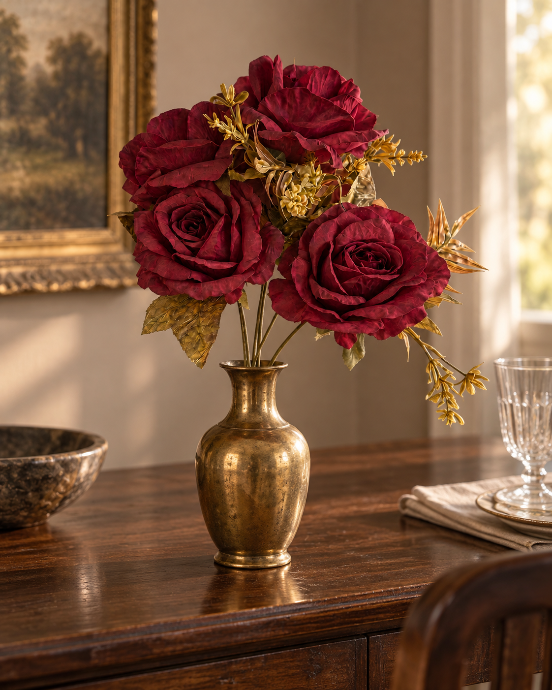 One burgundy red Small Full Bloom Rose Posy in a brass vase on a walnut console in a warm home interior; vase not included.