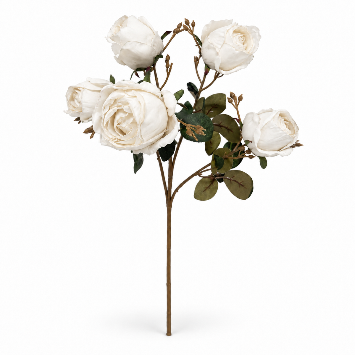 EVERLA white artificial rose spray with exactly five heads, brown branching stem and olive foliage, 76 cm, on a white background.