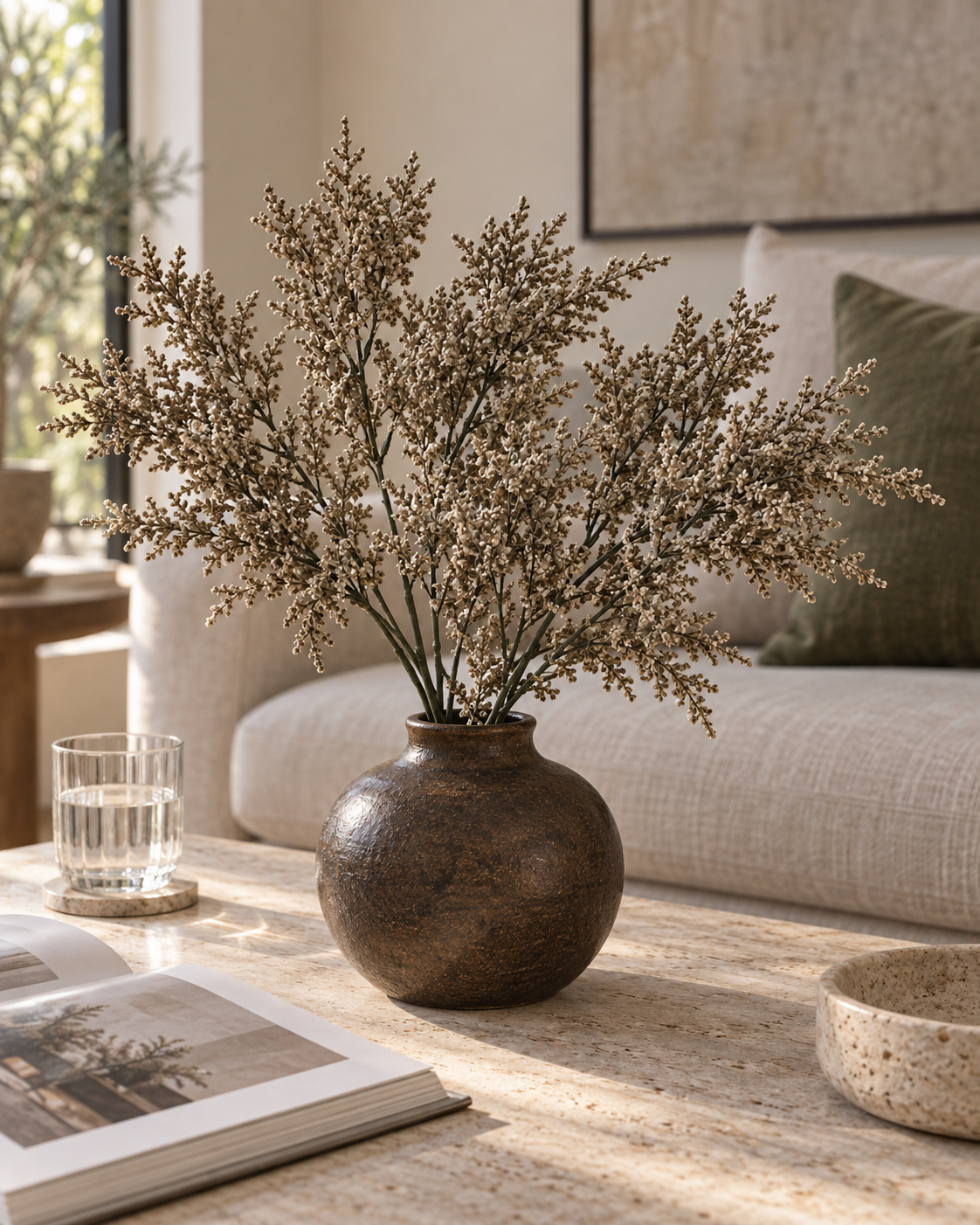 Full arrangement of several EVERLA taupe artificial baby's breath filler bushes in a neutral vase; bushes sold individually.