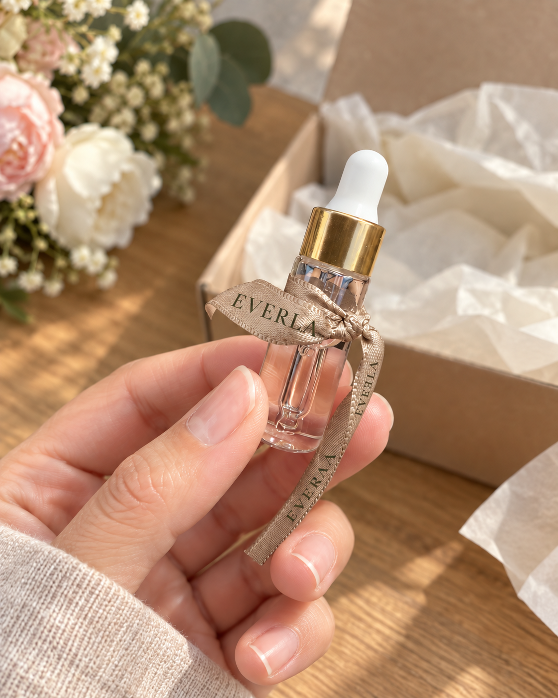 EVERLA Petit Souvenir floral perfume — decorative scene of the mini ribbon-tied bottle held in one hand beside flowers, showing its compact size.