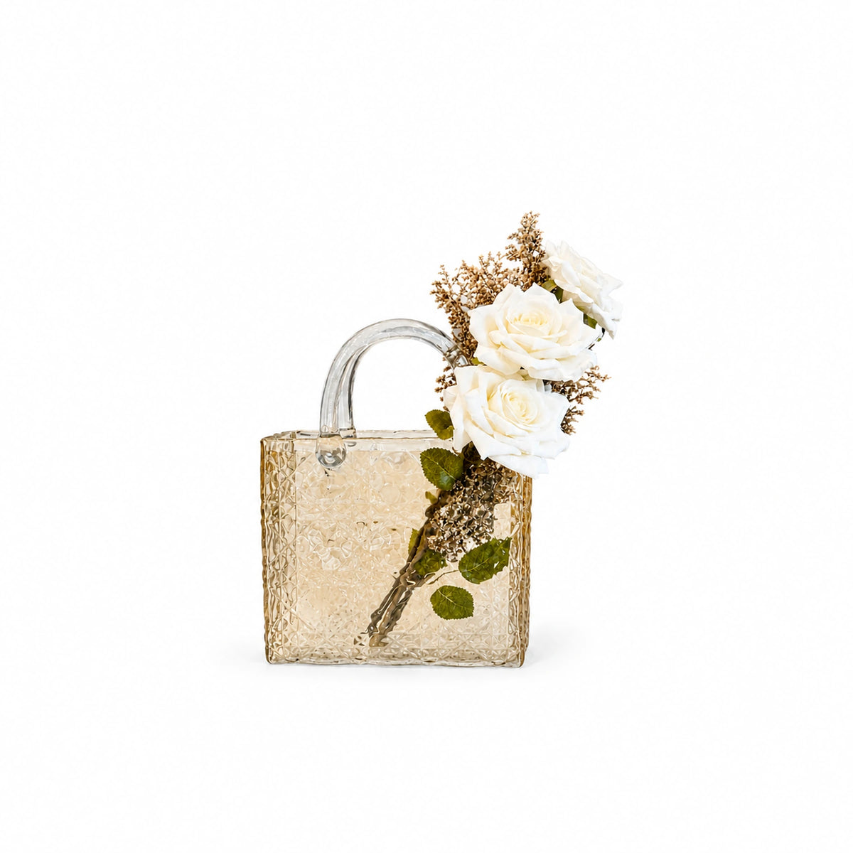 Glass Flower Bag Vessel Arrangement — Amber / White studio view