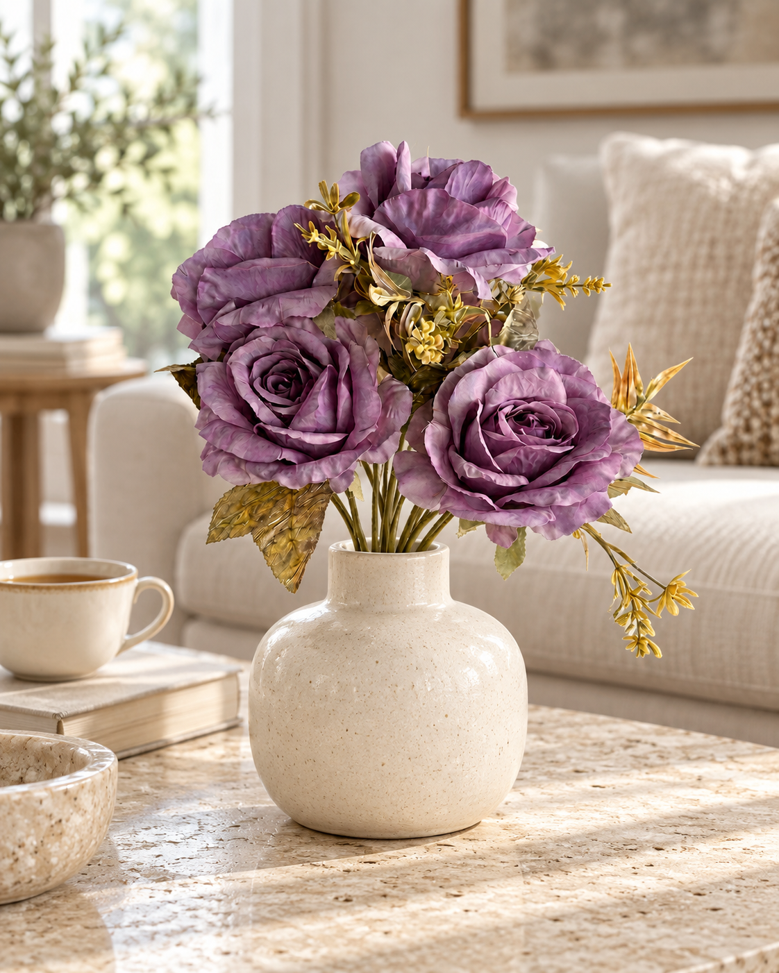 One violet Small Full Bloom Rose Posy in a cream ceramic vase on a travertine coffee table; vase not included.