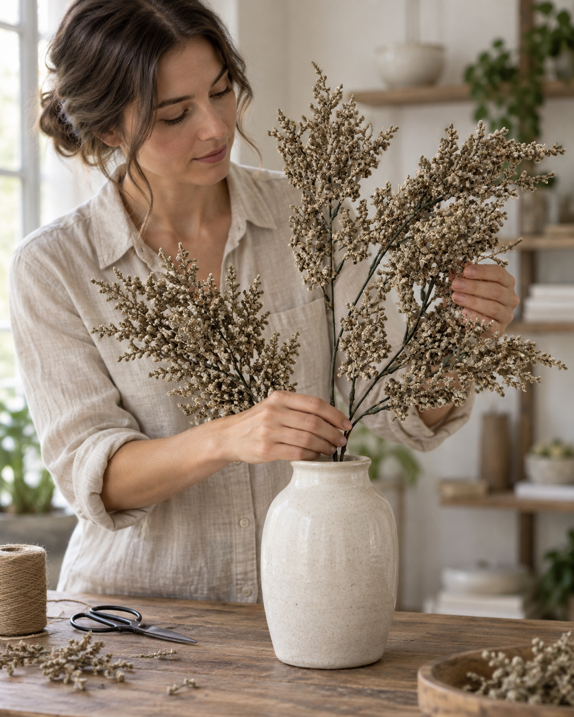Florist arranging EVERLA taupe artificial baby's breath filler bushes in a textured ceramic vase on a wooden table.