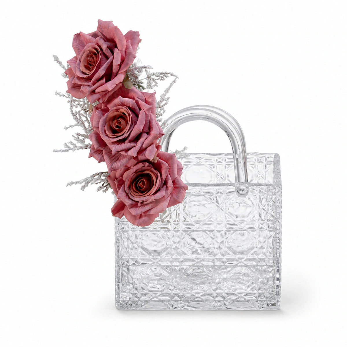 Glass Flower Bag Vessel Arrangement — Transparent / Pink studio view
