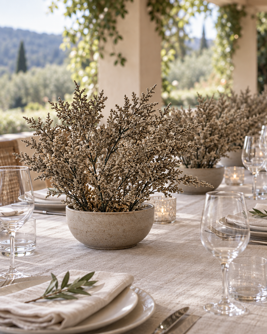 EVERLA taupe artificial baby's breath filler bushes grouped in ceramic vases on a neutral event table; multiple bushes shown.