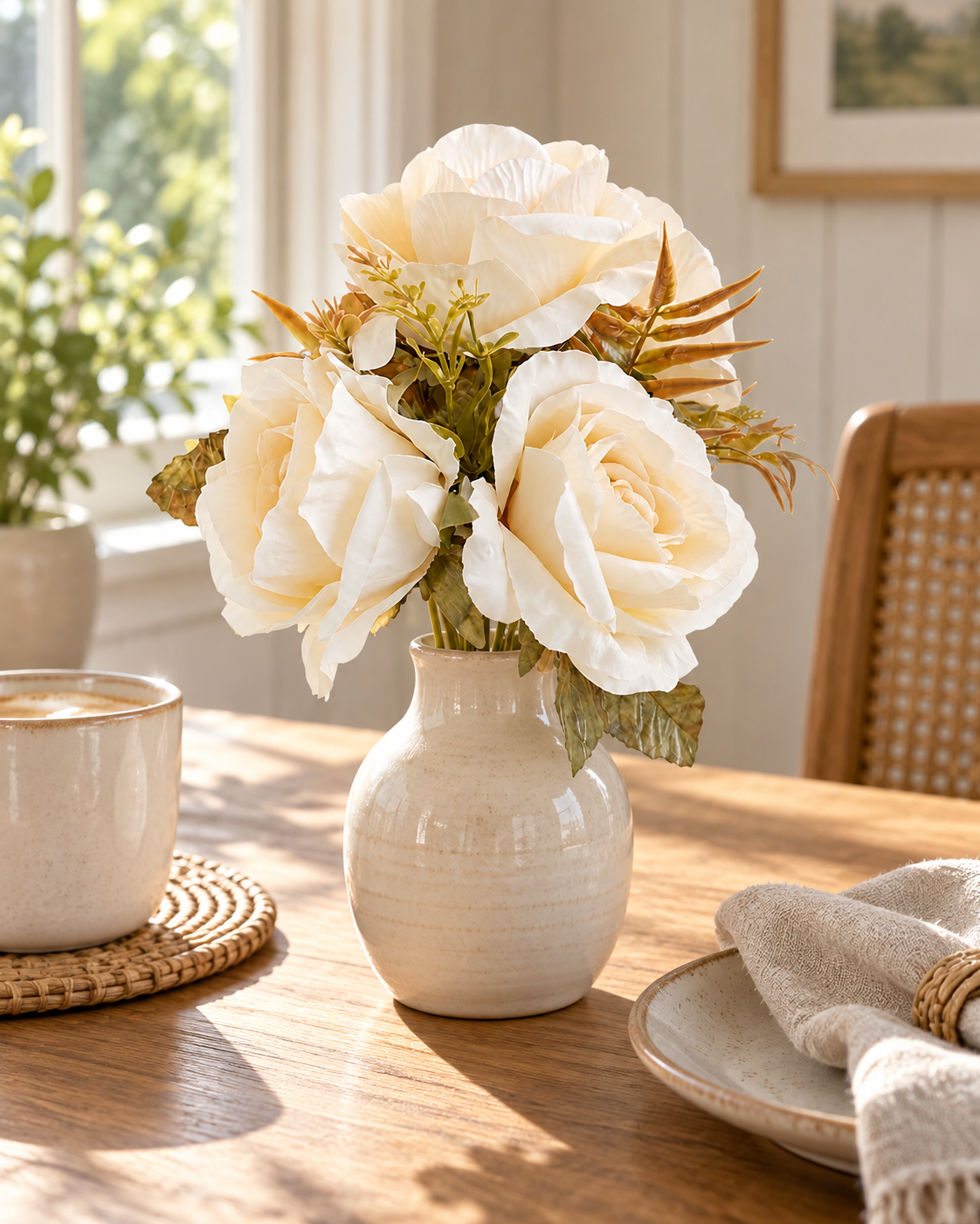 One ivory Small Full Bloom Rose Posy in a cream ceramic vase on a sunlit breakfast table; vase not included.