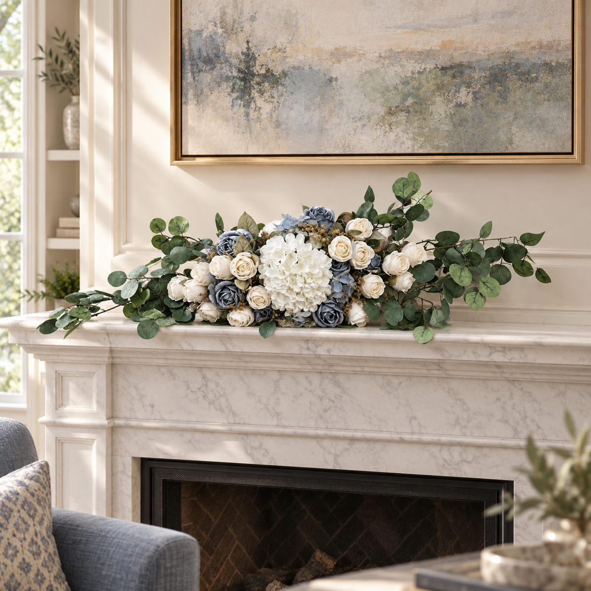 Blue & Ivory Rose and Hydrangea Arrangement