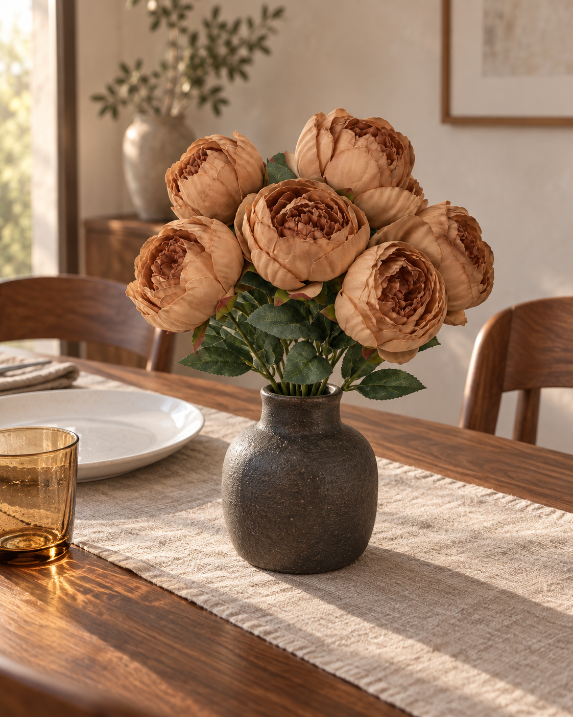 Peony-Style Garden Rose Bouquet — Cinnamon — styled in a dark vase on a dining table