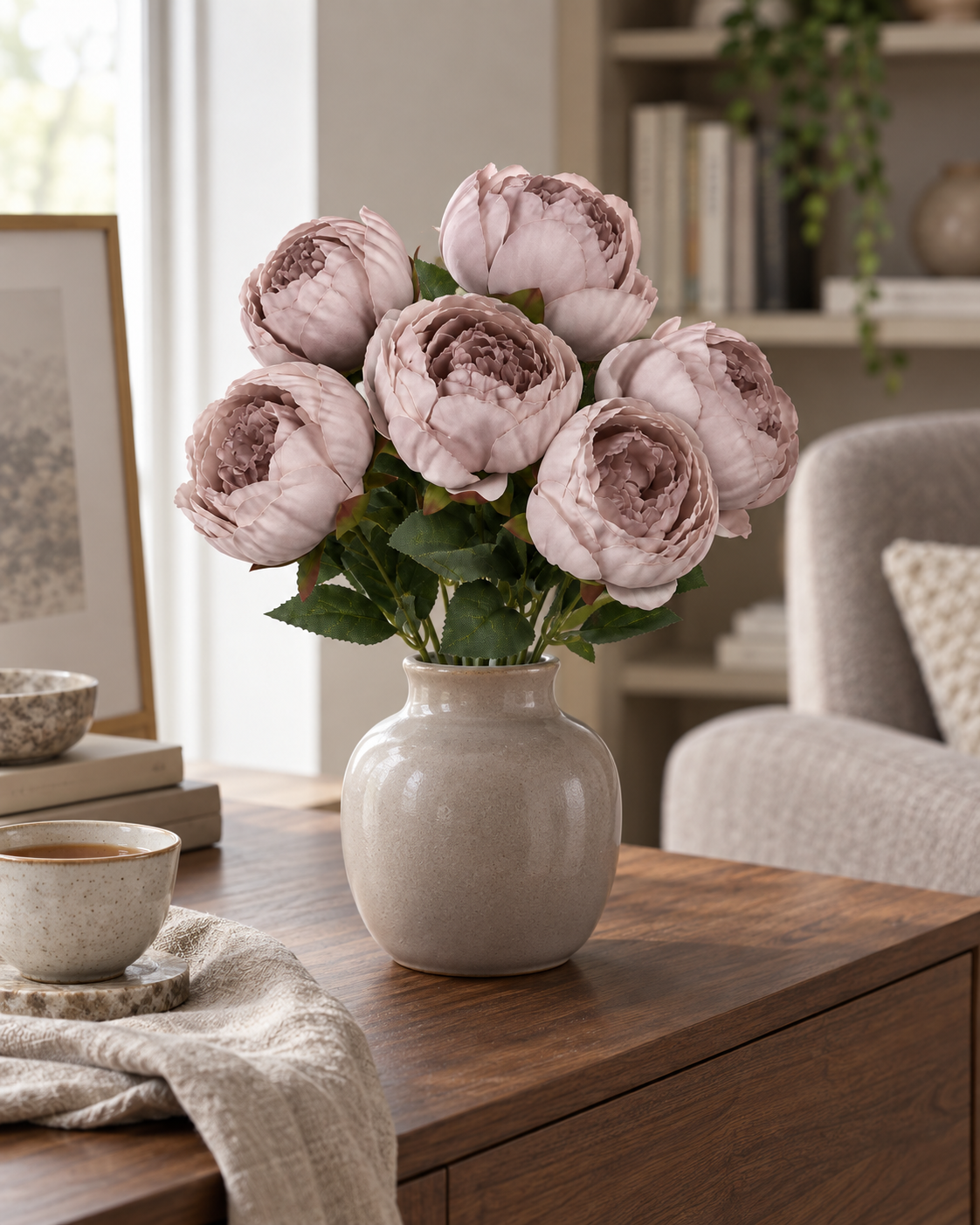 Peony-Style Garden Rose Bouquet — Lilac — styled in a ceramic vase in a living room