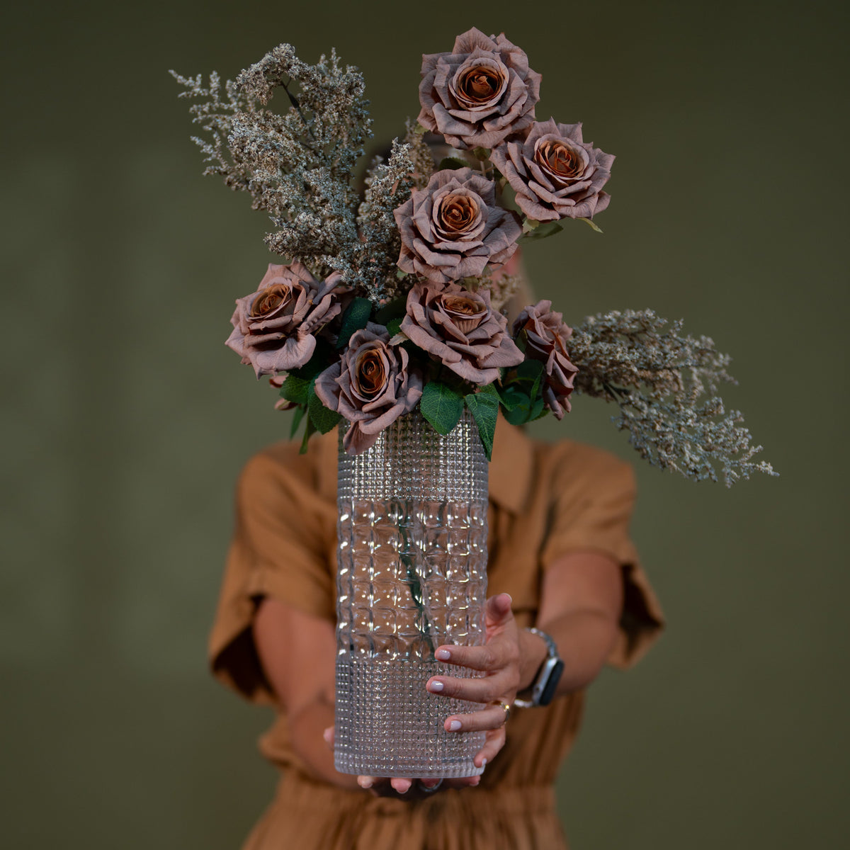 White Rose Amber Glass Vase Arrangement