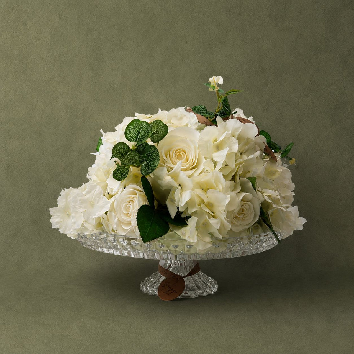White Hydrangea & Rose Crystal Bowl Arrangement