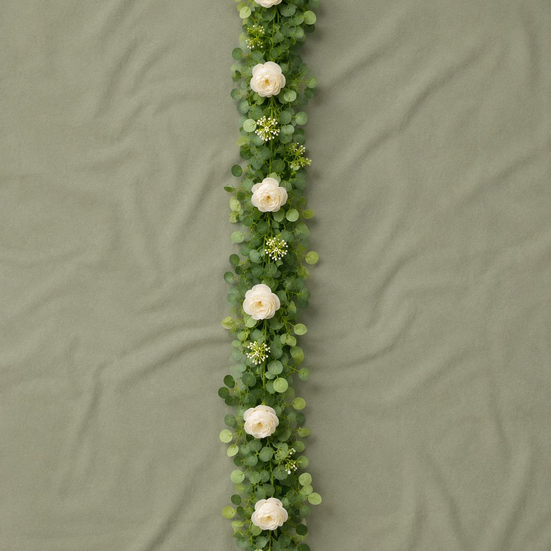 Cream Rose & Eucalyptus Garland, 6.6 ft