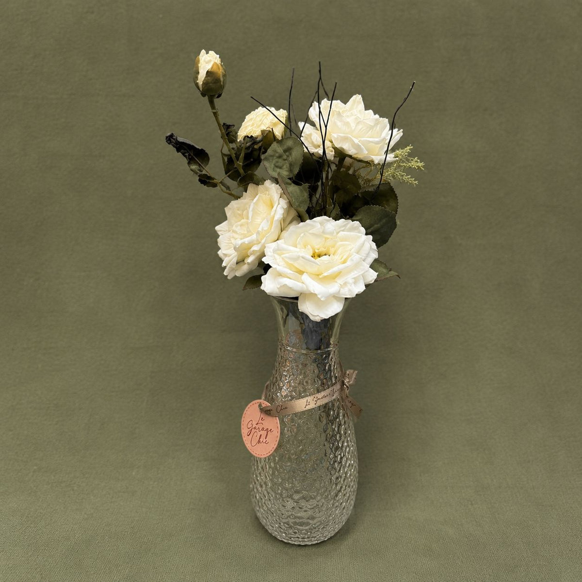 White Rose Vintage Glass Vase Arrangement
