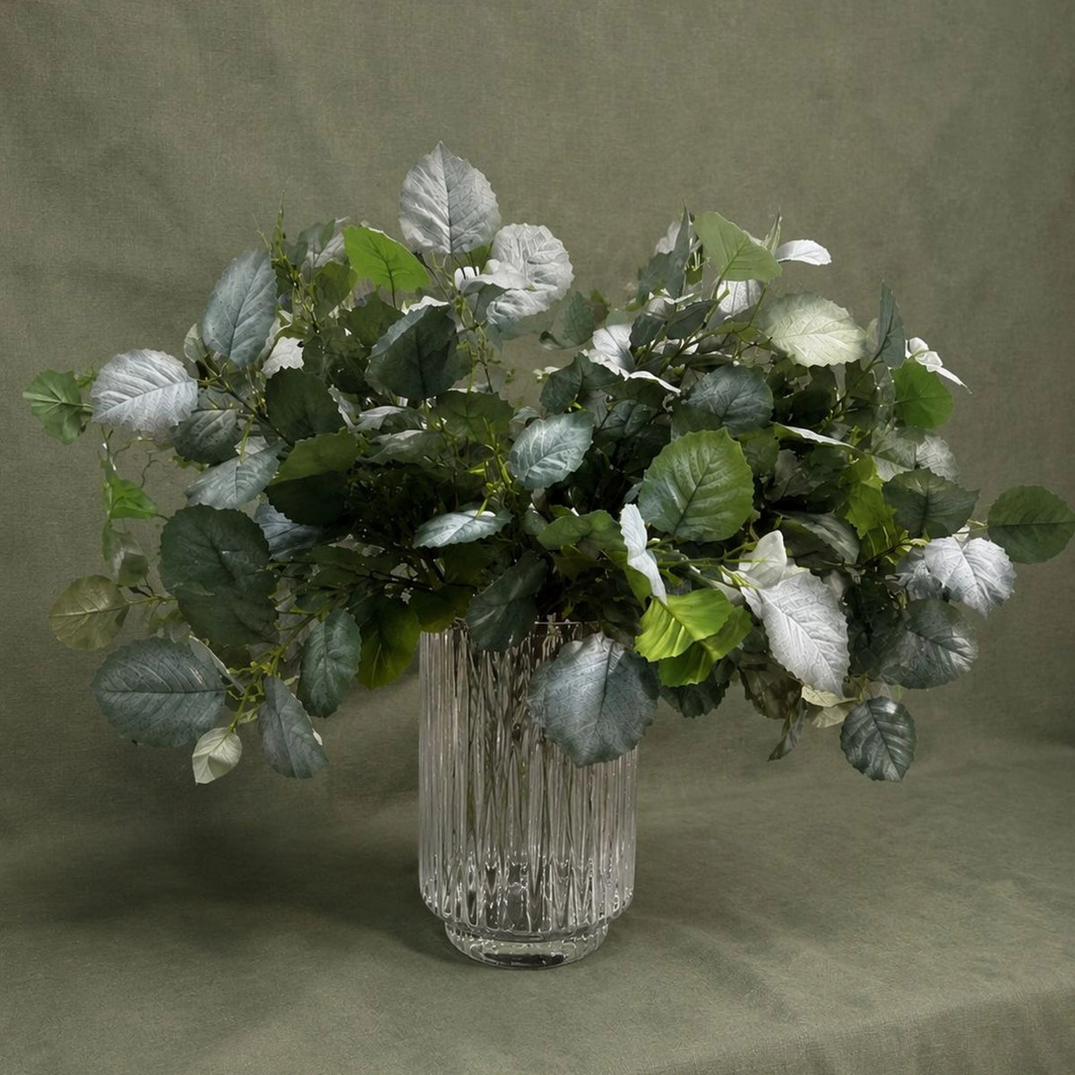 premium eucalyptus greenery branch high end artificial silver dollar foliage stem decorative scene: stem composed in filled vase