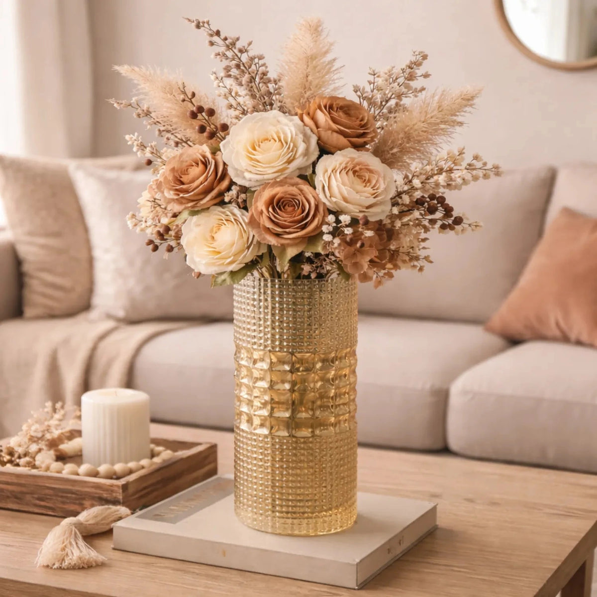 geometric textured glass cylinder vase premium contemporary artificial floral vessel decorative scene: vessel filled with proportional florals