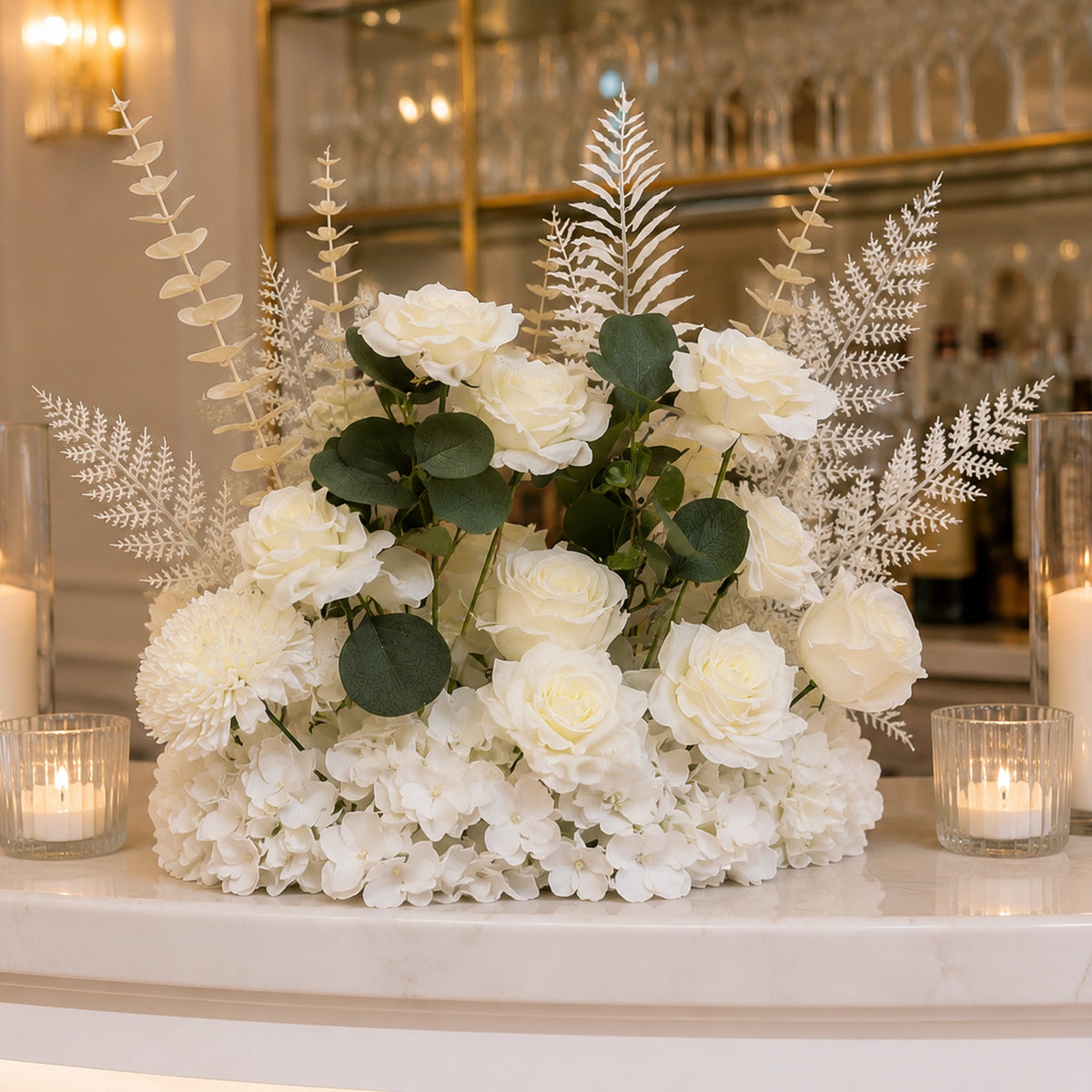 white elegance real touch artificial floral centerpiece premium faux arrangement decorative scene: styled dining console or reception