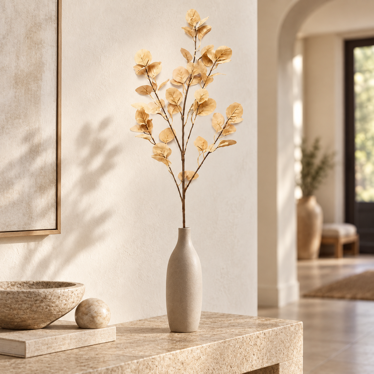 Eucalyptus-Style Foliage Branch, 90 cm — Cream — lifestyle styling with one branch in a vase; vase not included