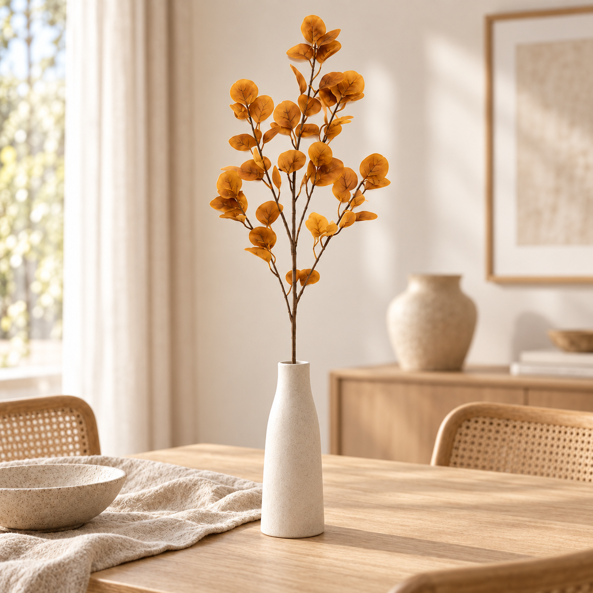 Eucalyptus-Style Foliage Branch, 90 cm — Golden Ochre — lifestyle styling with one branch in a vase; vase not included