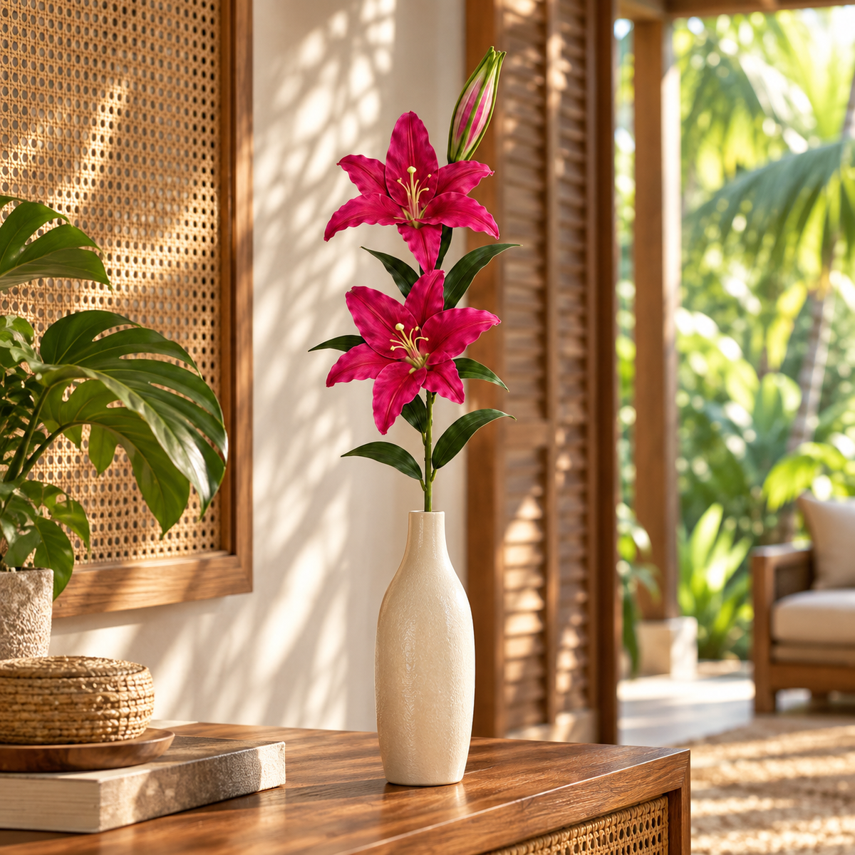 Artificial Lily Stem — Fuchsia — lifestyle with two open flowers and one bud in a tropical villa; vase not included