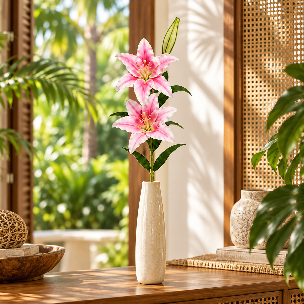 Artificial Lily Stem — Pink — lifestyle with two open flowers and one bud in a tropical villa; vase not included