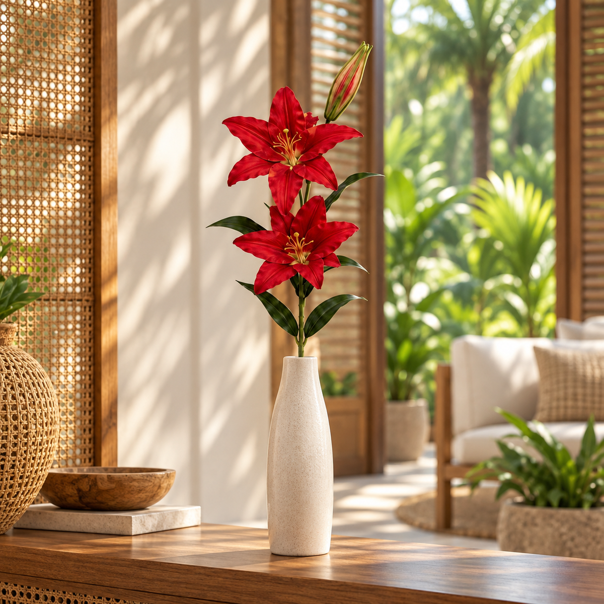 Artificial Lily Stem — Red — lifestyle with two open flowers and one bud in a tropical villa; vase not included