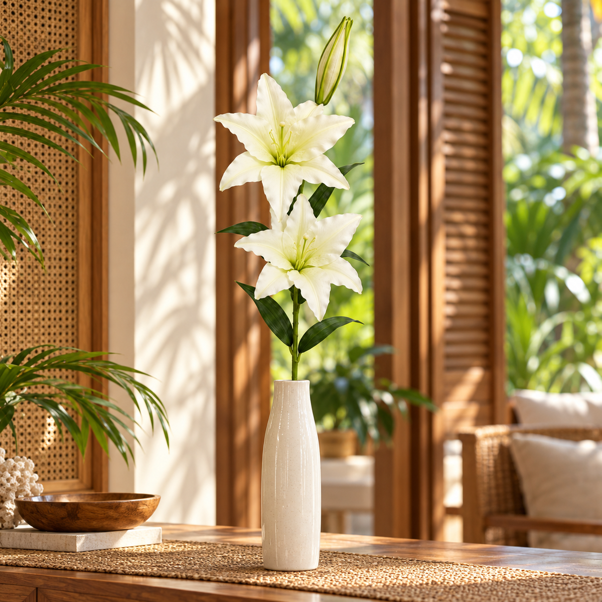 Artificial Lily Stem — White — lifestyle with two open flowers and one bud in a tropical villa; vase not included