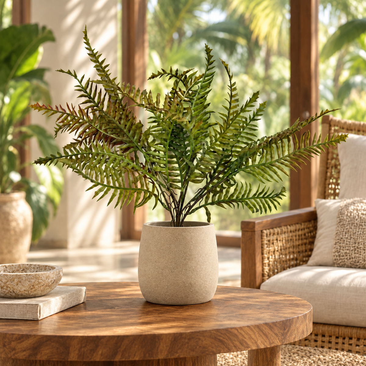 Fern Bush, 7 Branches, 45 cm — lifestyle in a tropical sunroom with teak and woven cane; pot not included