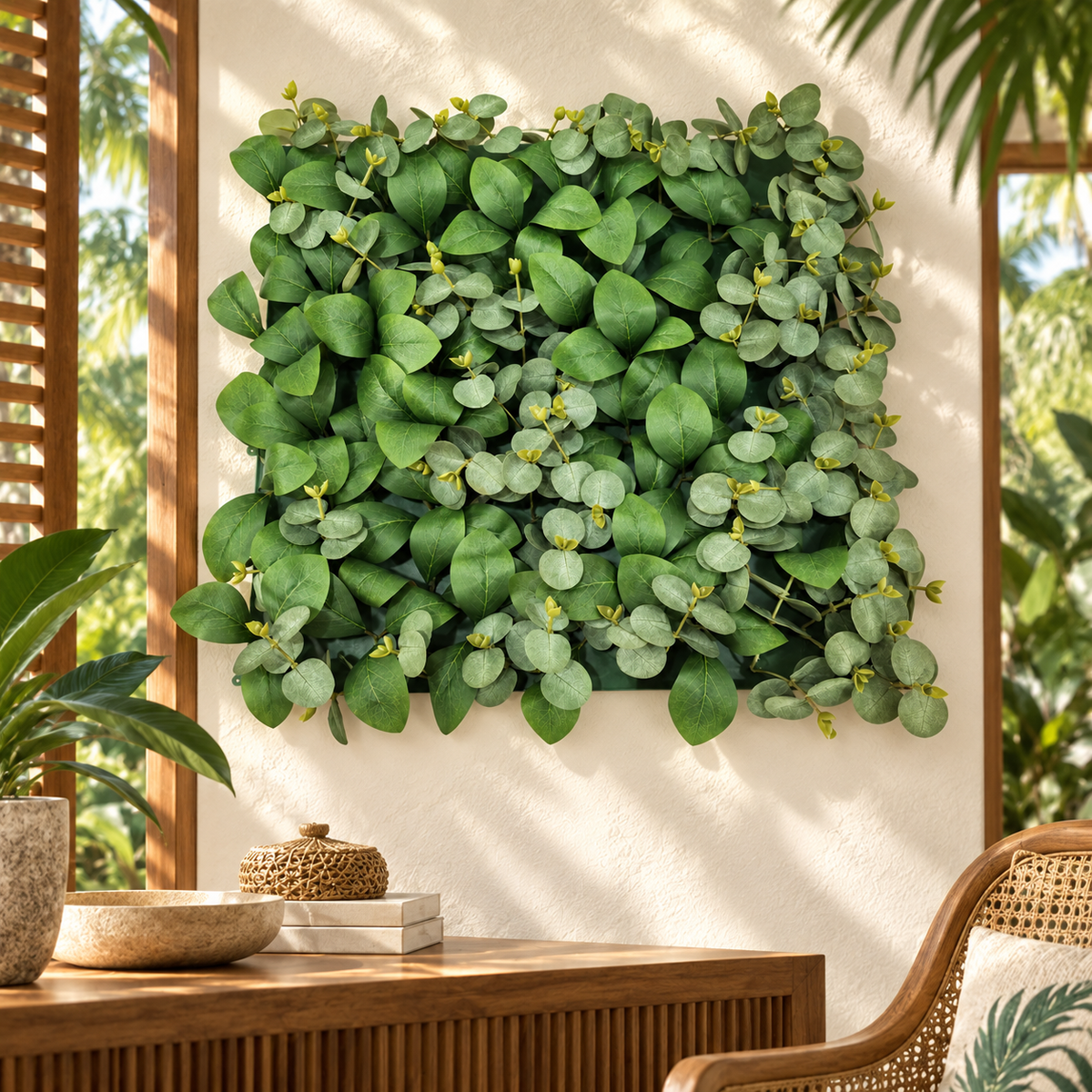 Foliage Wall Panel, 20 x 20 inches — lifestyle showing one square panel on an ivory wall in a tropical sunroom; furniture and accessories not included