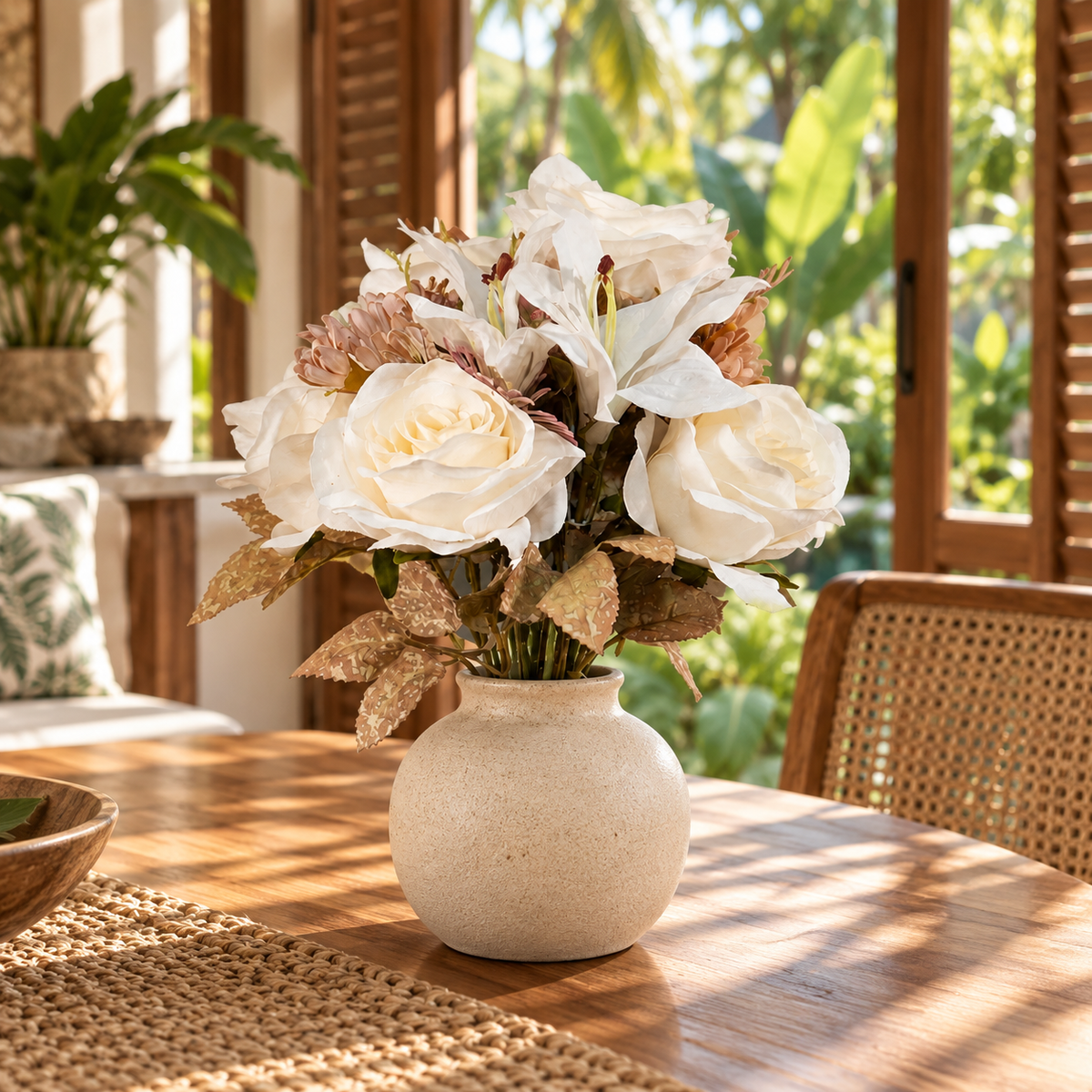 Mixed Rose & Lily Bouquet — Cream — lifestyle on a teak table in a tropical villa with palm greenery and woven cane; vase not included