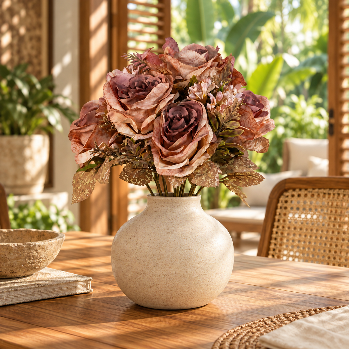 Mixed Rose & Lily Bouquet — Vintage Rose — lifestyle on a teak table in a tropical villa with palm greenery and woven cane; vase not included