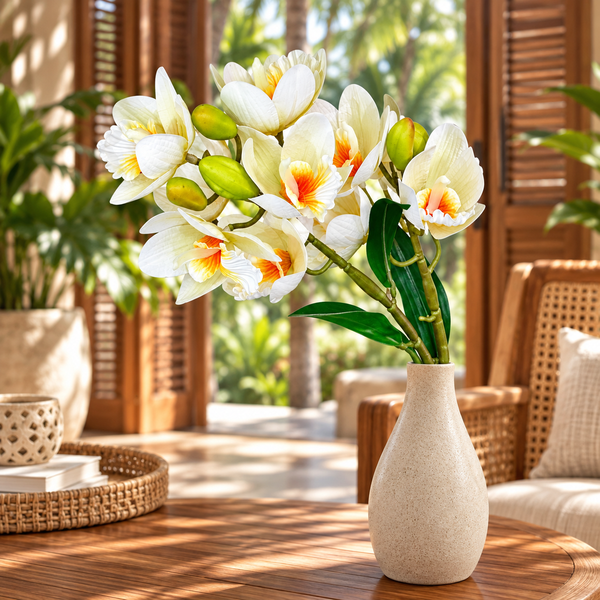 Orchid Flowering Spray — White — lifestyle in a tropical villa with teak, woven cane and palm greenery; vase not included