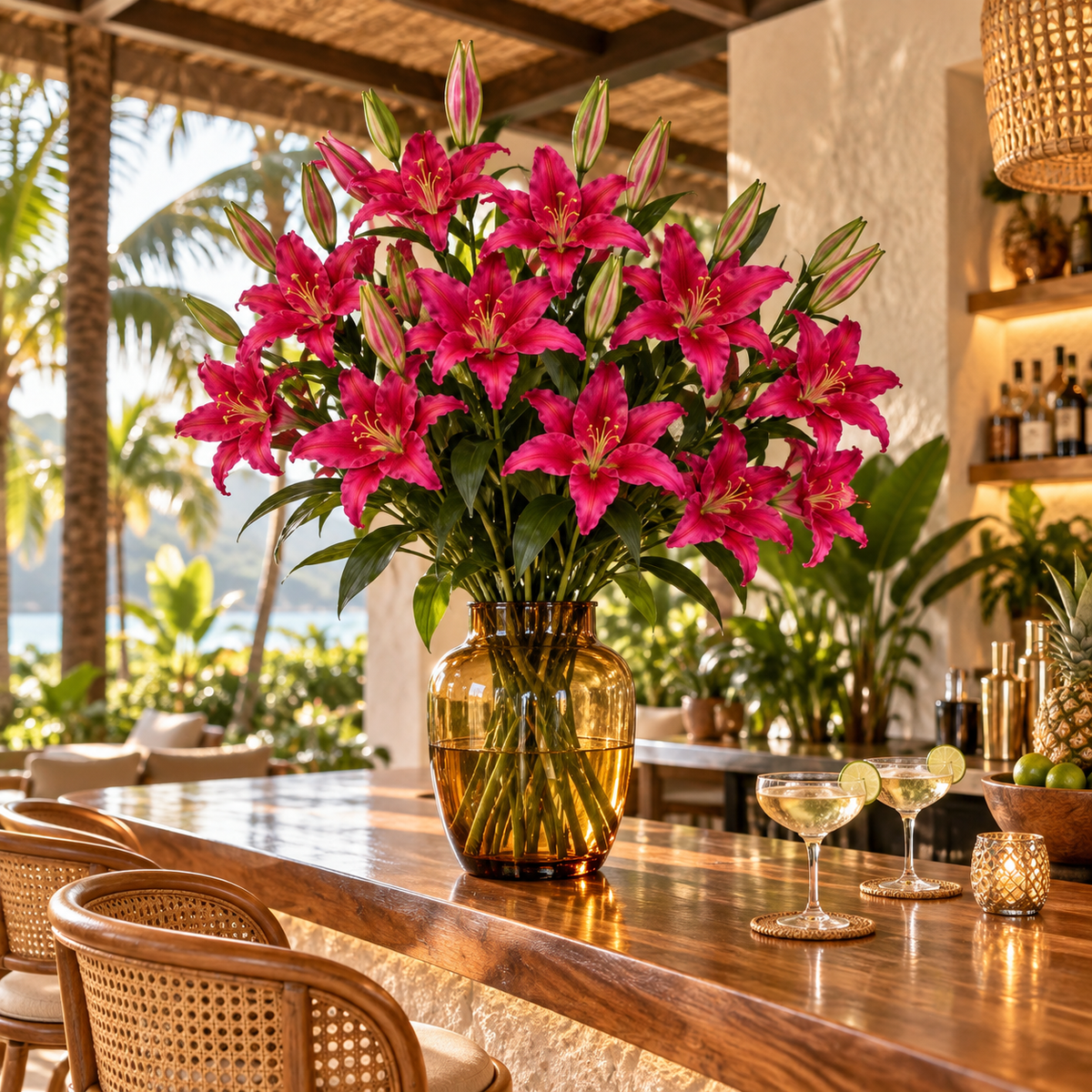 Artificial Lily Stem — Fuchsia — lifestyle: multiple lily stems arranged together on a tropical hotel bar; styling uses multiple units; vase and accessories not included