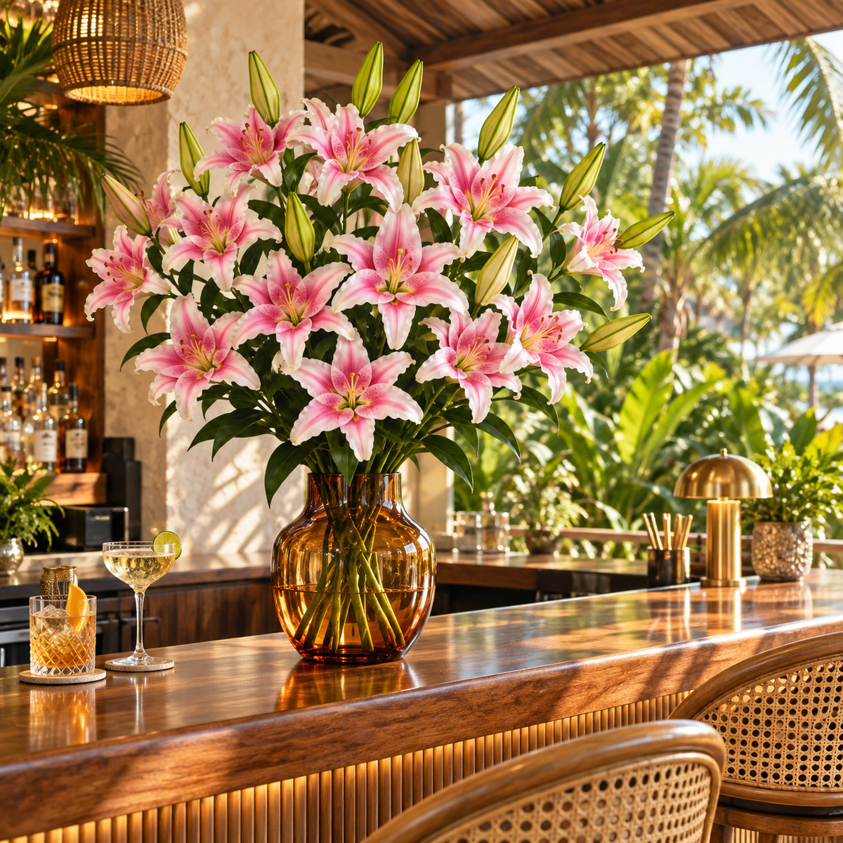 Artificial Lily Stem — Pink — lifestyle: multiple lily stems arranged together on a tropical hotel bar; styling uses multiple units; vase and accessories not included