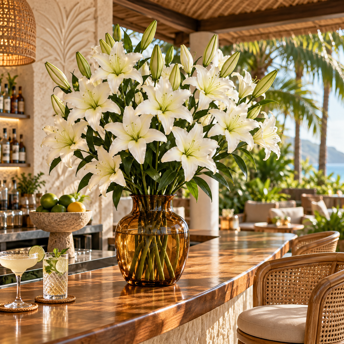 Artificial Lily Stem — White — lifestyle: multiple lily stems arranged together on a tropical hotel bar; styling uses multiple units; vase and accessories not included