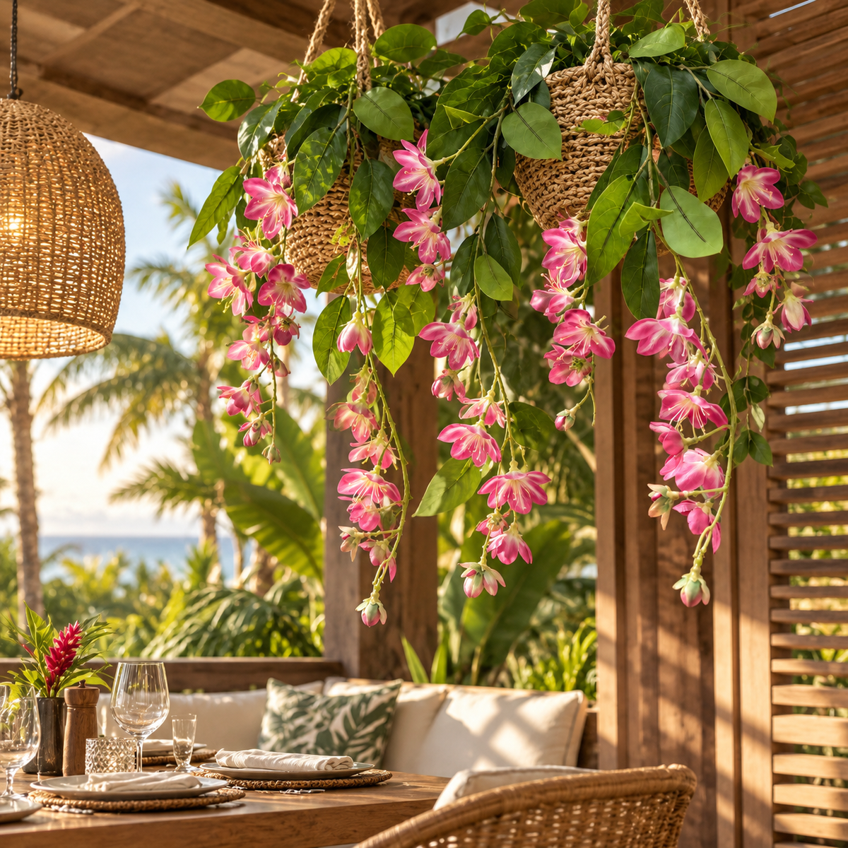 Jasmine-Style Flowering Branch — Fuchsia — lifestyle: multiple branches cascading over a tropical terrace; styling uses multiple units; planters and accessories not included