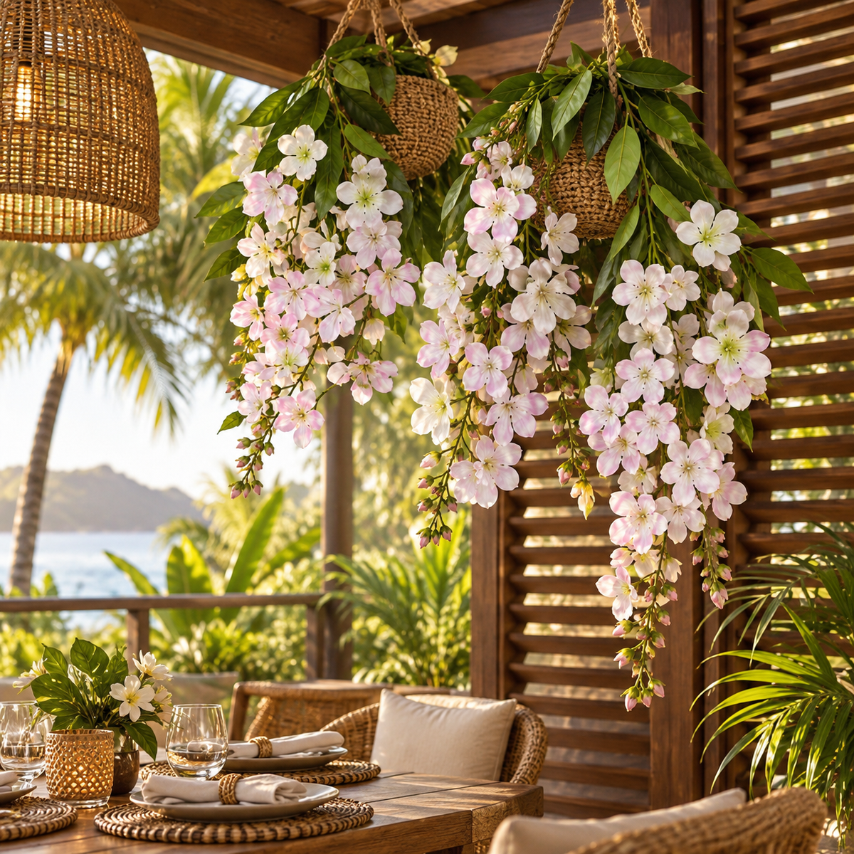 Jasmine-Style Flowering Branch — Pink — lifestyle: multiple branches cascading over a tropical terrace; styling uses multiple units; planters and accessories not included