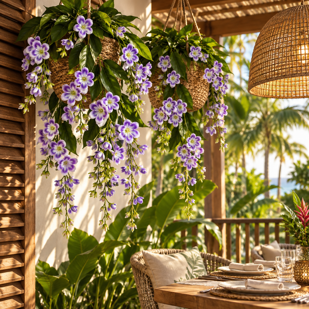 Jasmine-Style Flowering Branch — Purple — lifestyle: multiple branches cascading over a tropical terrace; styling uses multiple units; planters and accessories not included