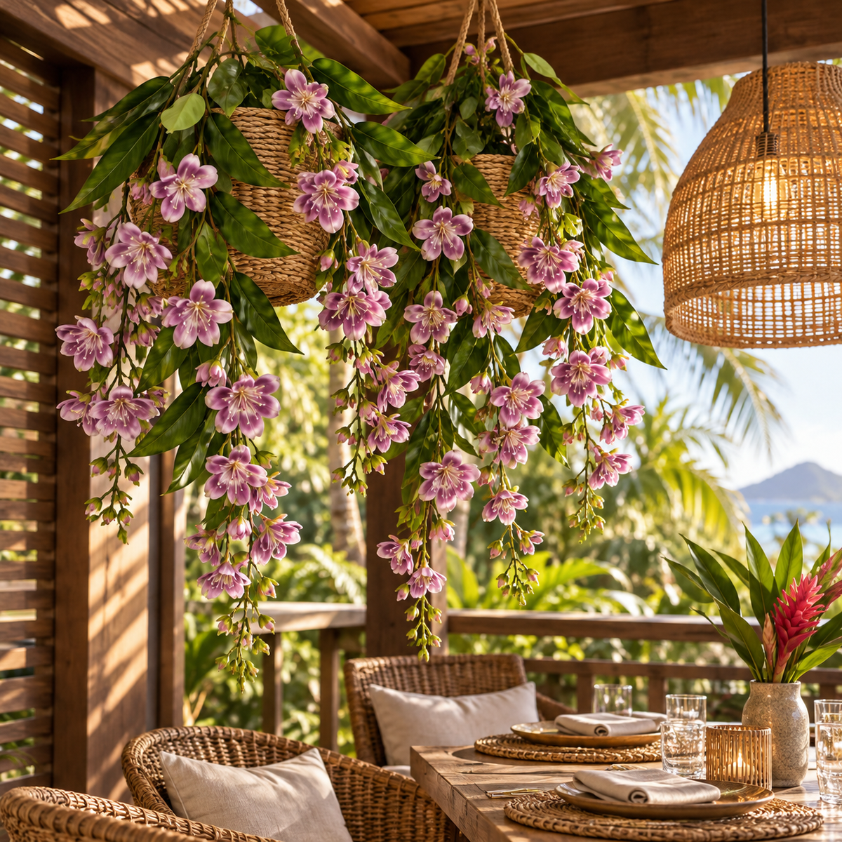 Jasmine-Style Flowering Branch — Violet — lifestyle: multiple branches cascading over a tropical terrace; styling uses multiple units; planters and accessories not included