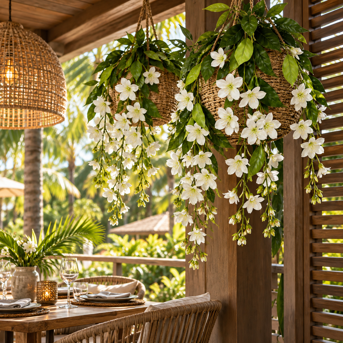 Jasmine-Style Flowering Branch — White — lifestyle: multiple branches cascading over a tropical terrace; styling uses multiple units; planters and accessories not included