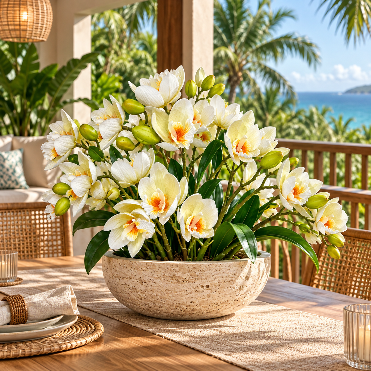 Orchid Flowering Spray — White — lifestyle: multiple sprays arranged on a tropical balcony; styling uses multiple units; vessel and accessories not included