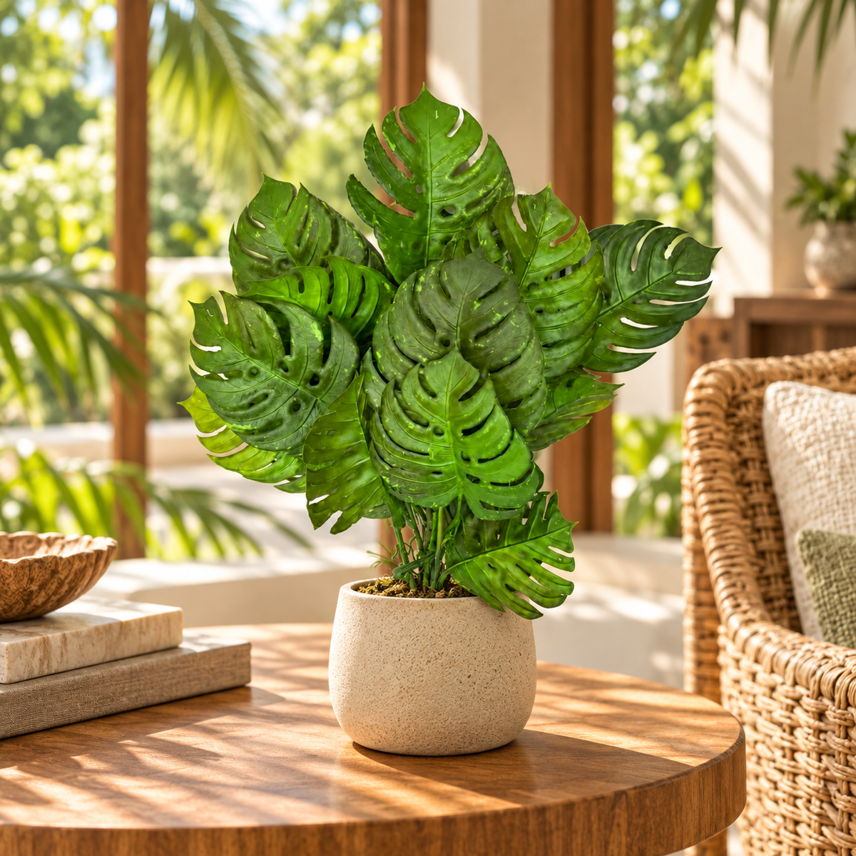 Split-Leaf Foliage Bush, 7 Branches, 40 cm — lifestyle as small tabletop decor in a tropical sunroom; pot not included