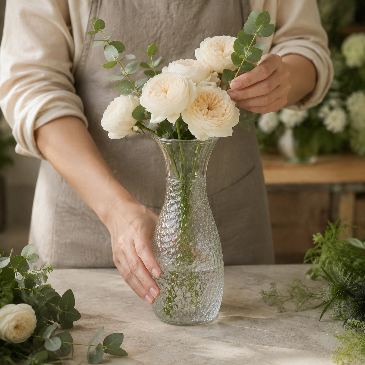 hammered glass vase centerpiece premium artisanal vessel for artificial florals lifestyle scene: florist arranging filled vessel