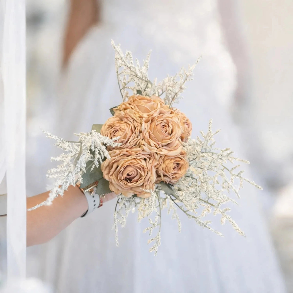 real touch bridal rose bouquet 20cm premium artificial wedding flower clutch lifestyle scene: bride holding bouquet