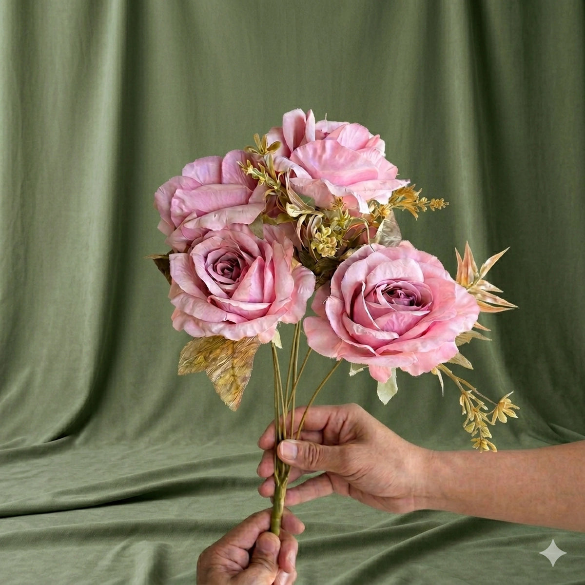 premium artificial rose bouquet realistic luxury hand tied floral arrangement lifestyle scene: person carrying or gifting bouquet